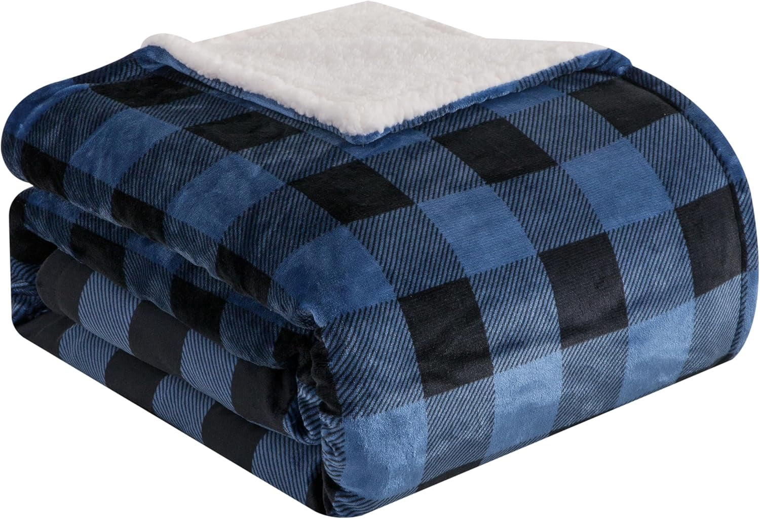Elegant Comfort Soft, Reversible Buffalo Plaid Sherpa Blanket, Flannel Fleece Throw for Couch and Bed, Warm and Plush Winter Blanket, King, Blue
