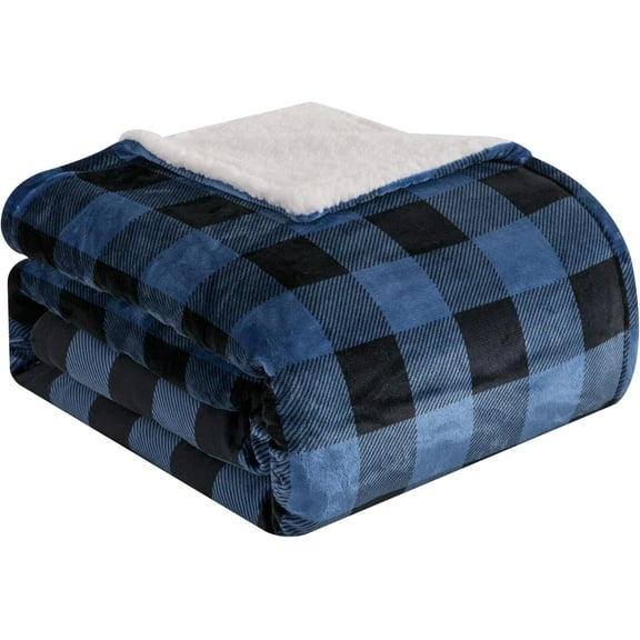 Elegant Comfort Reversible Buffalo Plaid Flannel Sherpa Blanket - Soft Fleece Throw for Couch or Bed - Plush Warm Winter Blanket, King, Blue
