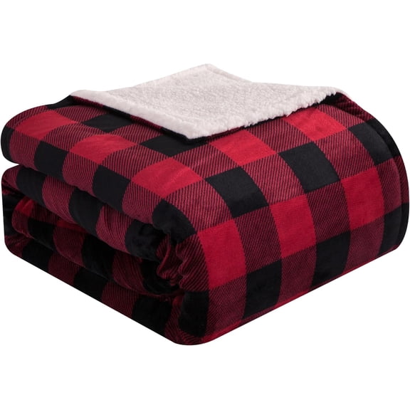 Elegant Comfort Reversible Buffalo Plaid Flannel Sherpa Blanket - Soft Fleece Throw for Couch or Bed - Plush Warm Winter Blanket, King, Burgundy