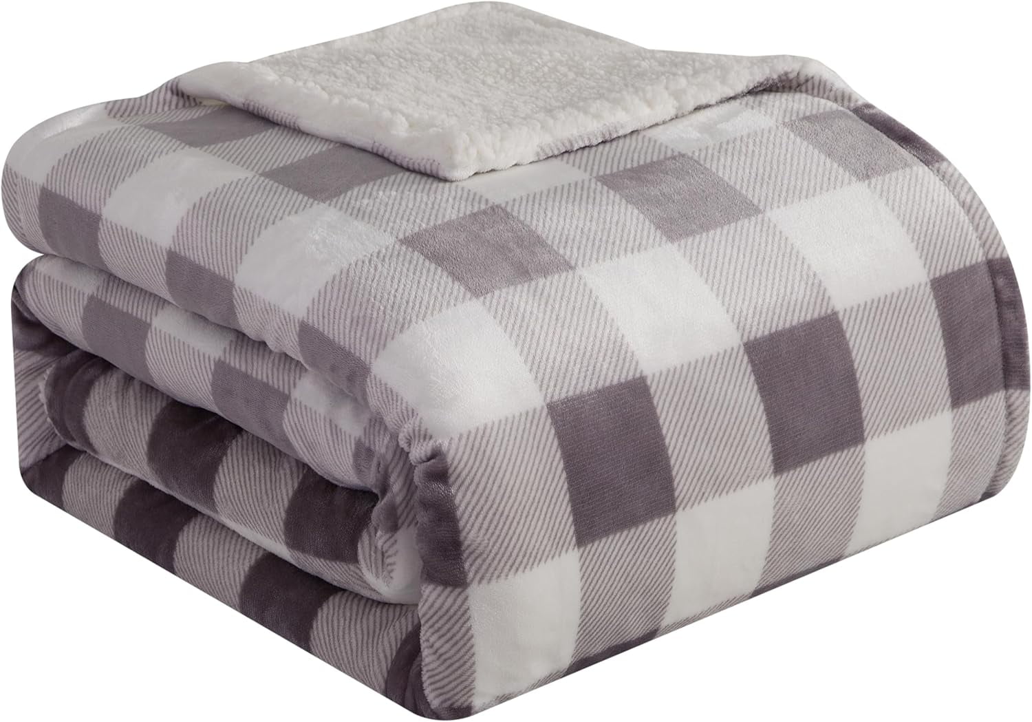 Elegant Comfort Reversible Buffalo Plaid Flannel Sherpa Blanket - Soft Fleece Throw for Couch or Bed - Plush Warm Winter Blanket, Twin XL, Gray