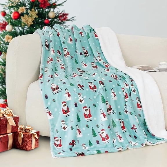 Elegant Comfort Reversible and Ultra-Plush Flannel Fleece-Winter Christmas Sherpa Throw- Lightweight Soft and Cozy-Holiday Decorative Throw, Perfect for Lounging, 50 x 60 inches, Penguin Santa