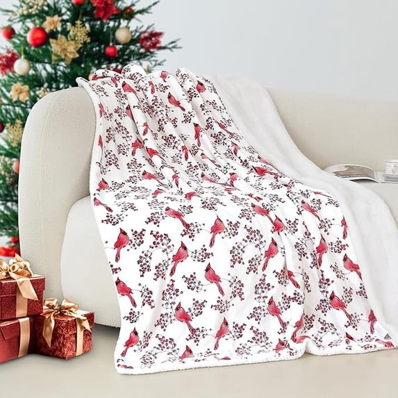 Elegant Comfort Reversible and Plush Flannel Fleece-Winter Christmas Sherpa Throw- Lightweight Soft and Cozy-Holiday Decorative Throw, Perfect for Lounging, 50 x 60 inches, Red Cardinal