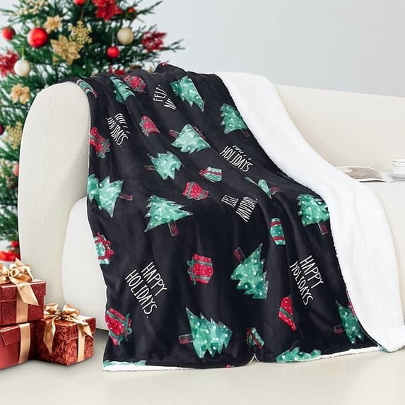 Elegant Comfort Reversible and Plush Flannel Fleece-Winter Christmas Sherpa Throw- Lightweight Soft and Cozy-Holiday Decorative Throw, Perfect for Lounging, 50 x 60 inches, Feliz Navidad