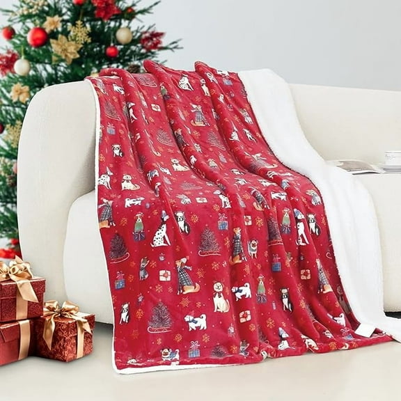 Elegant Comfort Reversible and Plush Flannel Fleece-Winter Christmas Sherpa Throw- Lightweight Soft and Cozy-Holiday Decorative Throw, Perfect for Lounging, 50 x 60 inches, Winter Dogs