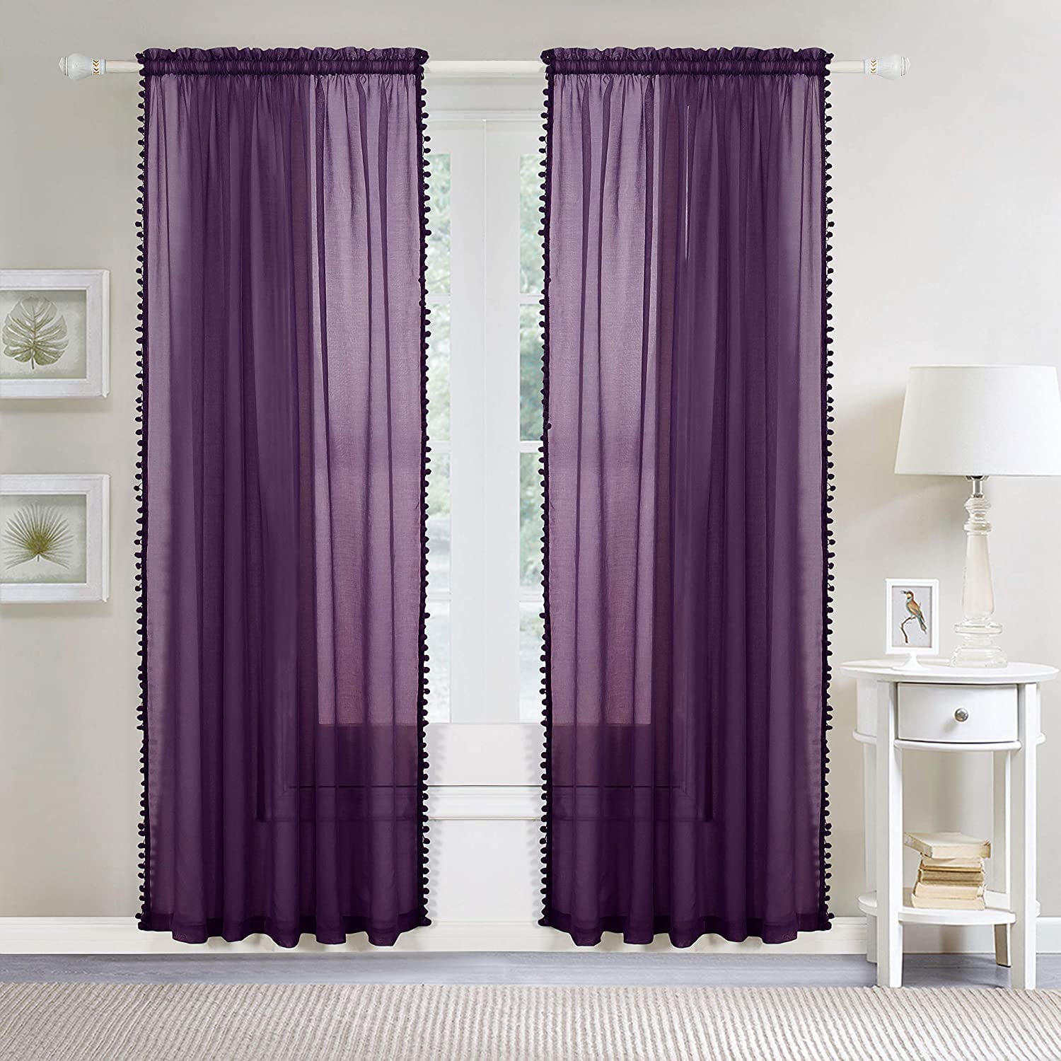 Elegant Comfort SemiSheer Curtains with Pom Pom Tassels 2 Piece Set