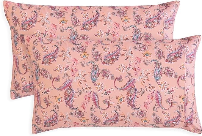 Elegant Comfort Set of 2 Floral Print Pillowcases, 1500 Series Hotel Quality Microfiber, Soft and Smooth with Envelope Closure, Standard/Queen, Paisley Coral