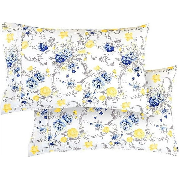 Set of 2 Floral Pint Pillowcases - 1500 Series Hotel Quality Microfiber, Soft and Smooth Envelope Closure - King, Gold Jenna