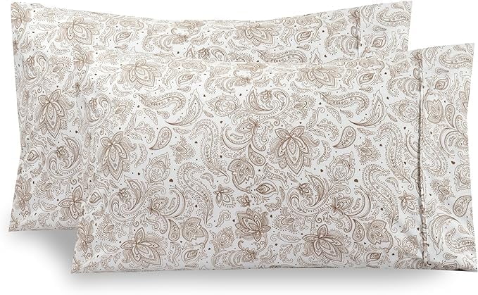 Elegant Comfort Set of 2 Floral Print Pillowcases, 1500 Series Hotel Quality Microfiber, Soft and Smooth with Envelope Closure, King, Paisley Taupe