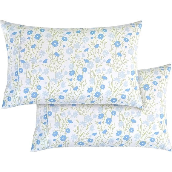 Elegant Comfort Set of 2 Ultra Soft Floral Pint Pillowcases - 1500 Hotel Quality Microfiber, Smooth Envelope Closure - Standard/Queen, Blue Laurel