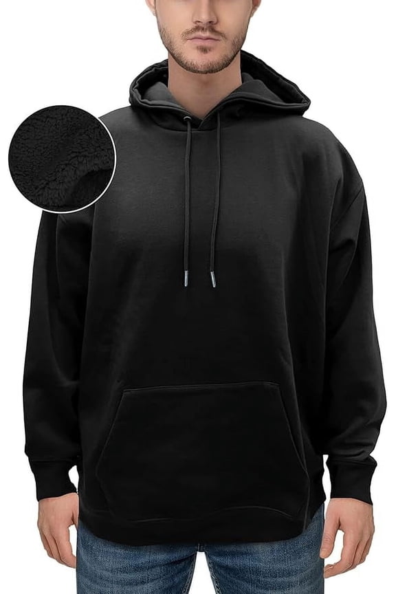 Sherpa-Lined Fleece Cotton Men's Hoodie, Soft & Breathable Midweight Pullover Sweatshirt, Casual Hooded Sweatshirt for Men,Medium, Black