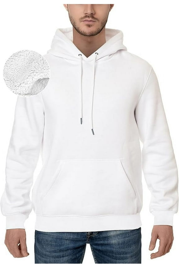 Sherpa-Lined Fleece Cotton Men's Hoodie, Soft & Breathable Midweight Pullover Sweatshirt, Casual Hooded Sweatshirt for Men,Medium, White