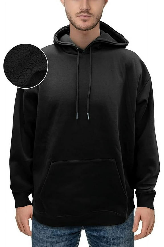 Sherpa-Lined Fleece Cotton Men's Hoodie, Soft & Breathable Midweight Pullover Sweatshirt, Casual Hooded Sweatshirt for Men,Small, Black