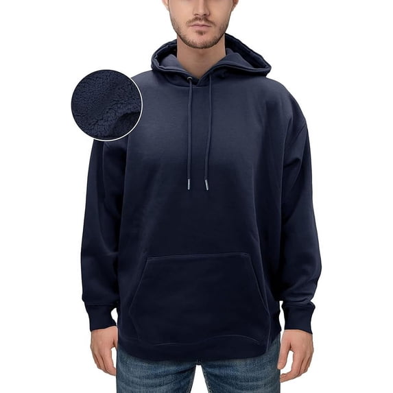 Elegant Comfort Sherpa-Lined Fleece Cotton Men's Hoodie, Soft & Breathable Midweight Pullover Sweatshirt, Casual Hooded Sweatshirt for Men,XX-Large, Navy Blue
