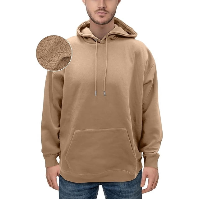 Elegant Comfort Sherpa-Lined Fleece Cotton Men's Hoodie, Soft & Breathable Midweight Pullover Sweatshirt, Casual Hooded Sweatshirt for Men,XX-Large, Taupe