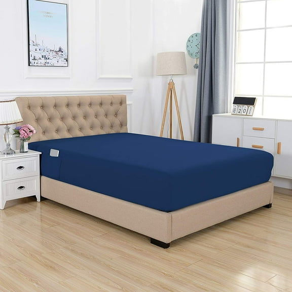 Elegant Comfort Single Fitted Sheet, Smart and Deep Pocket 18 inch, Solid Print Polyester, California King Navy