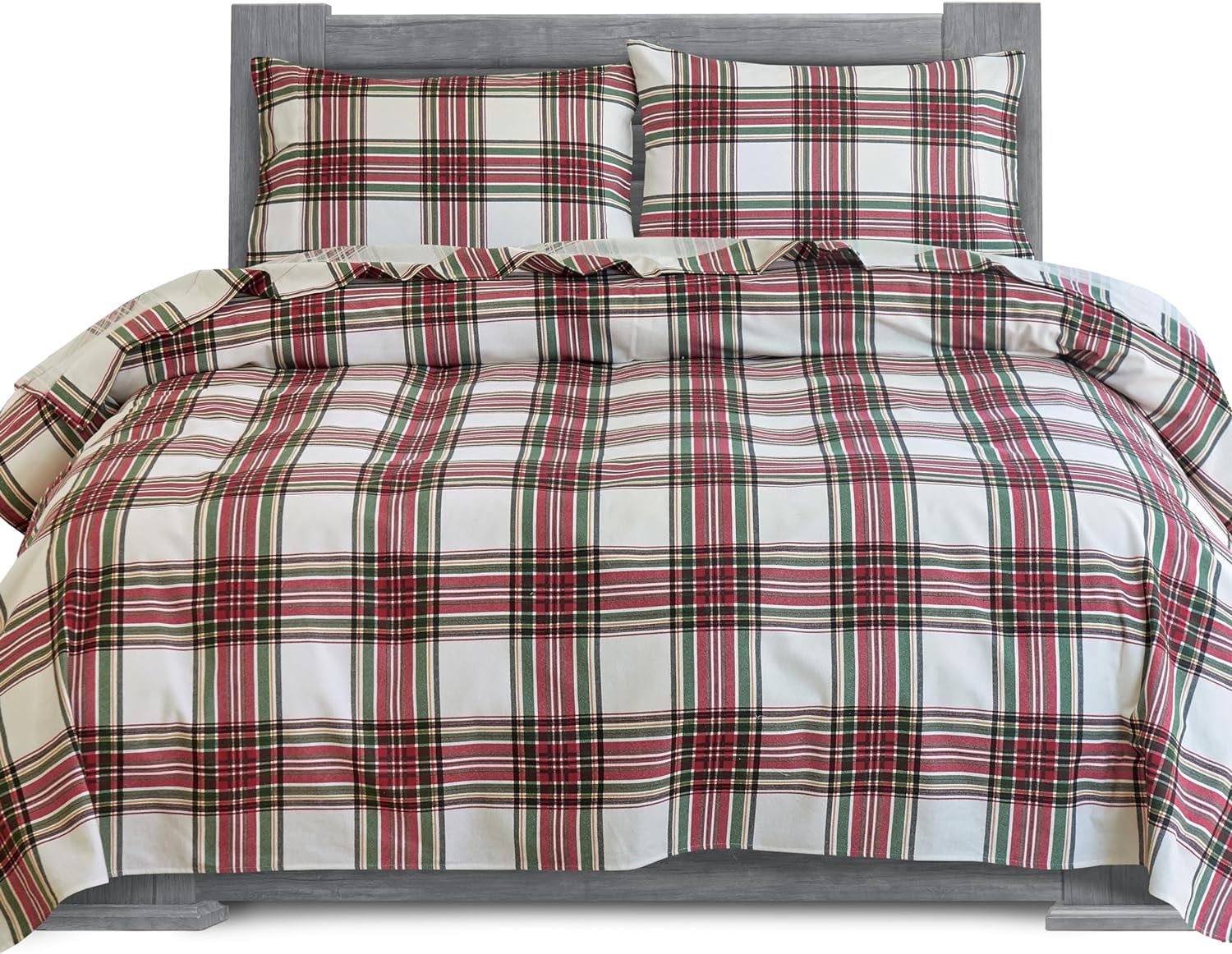 Elegant Comfort Soft 4-Piece Cotton Flannel Sheet Set -Deep Pocket Fitted Sheet, Flannel Sheets - Cali King, Plaid Ivory