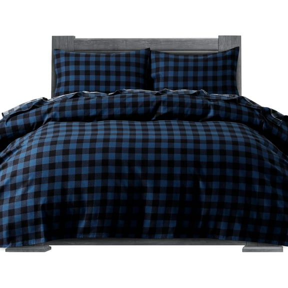 Elegant Comfort Soft 4-Piece Cotton Flannel Sheet Set -Deep Pocket Fitted Sheet, Flannel Sheets - Full, Buffalo Check Blue