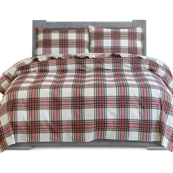 Elegant Comfort Soft 4-Piece Cotton Flannel Sheet Set -Deep Pocket Fitted Sheet, Flannel Sheets - Full, Plaid Ivory