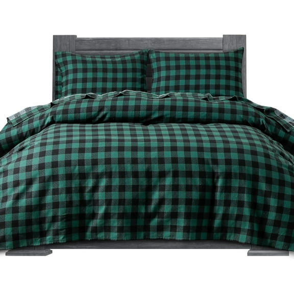Elegant Comfort Soft 4-Piece Cotton Flannel Sheet Set -Deep Pocket Fitted Sheet, Flannel Sheets - King, Buffalo Check Green