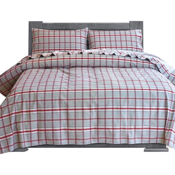 Elegant Comfort 100% Flannel King Bed Sheets Set, 4-Piece Plaid Gray