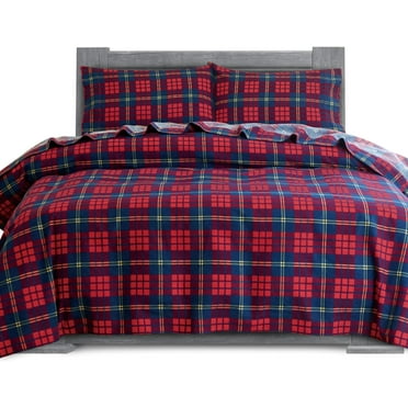 Elegant Comfort Soft 4-Piece Cotton Flannel Sheet Set -Deep Pocket Fitted Sheet, Flannel Sheets - King, Plaid-Red/Navy
