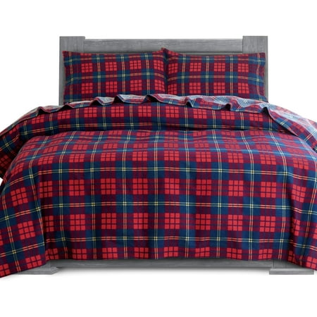 Elegant Comfort Soft 4-Piece Cotton Flannel Sheet Set -Deep Pocket Fitted Sheet, Flannel Sheets - King, Plaid-Red/Navy