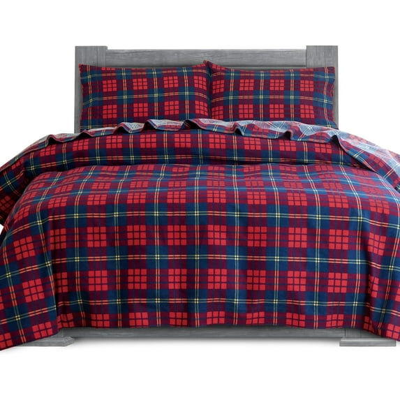 Elegant Comfort Soft 4-Piece Cotton Flannel Sheet Set -Deep Pocket Fitted Sheet, Flannel Sheets - Queen, Plaid-Red/Navy