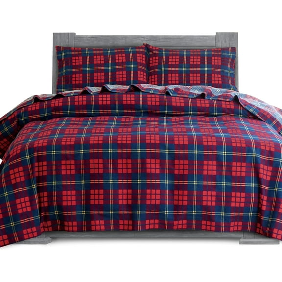 Elegant Comfort Soft 4-Piece Cotton Flannel Sheet Set -Deep Pocket Fitted Sheet, Flannel Sheets - Queen, Plaid-Red/Navy