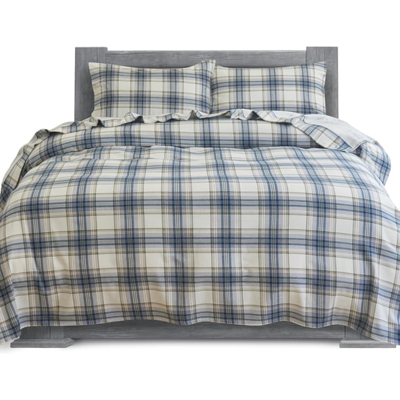 100% Cotton Flannel Sheets Set - Flannel Sheets Full, 4-Piece Flannel Bed Sheets - Lightweight Bedding, Brushed for Extra Softness,Warm, Breathable, 16" Deep Pocket Queen, Plaid-Navy/Aqua