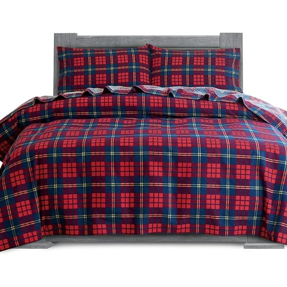Elegant Comfort Soft 4-Piece Sheet Set - Deep Pocket Fitted Sheet, Soft, Cozy, Warm and Anti-Pill Flannel Sheets - Twin XL, Plaid-Red/Navy