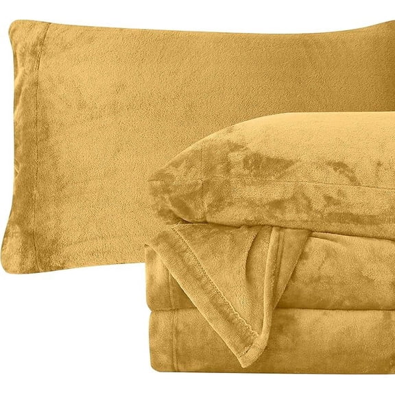 Elegant Comfort Soft 4-Piece Velvet Plush Flannel Sheet Set - Quality - Cozy Warm, Anti-Static, Non Pilling Fuzzy Velvet Flannel Fleece Deep Pocket Sheet Set - Twin, Gold