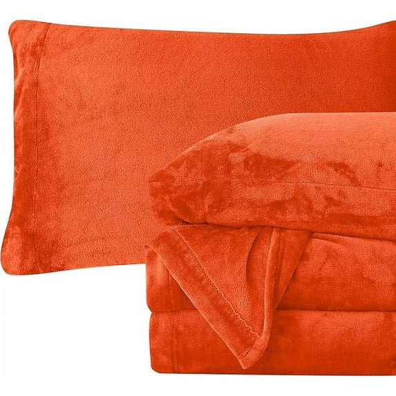 Elegant Comfort Soft 4-Piece Velvet Plush Flannel Sheet Set - Quality - Cozy Warm, Anti-Static, Non Pilling Fuzzy Velvet Flannel Fleece Deep Pocket Sheet Set - Queen, Orange