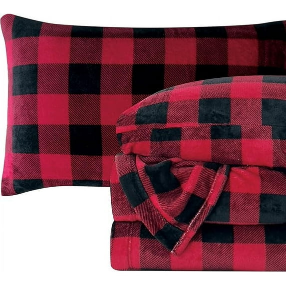 Elegant Comfort Soft 4-Piece Velvet Plush Flannel Sheet Set - Quality - Cozy Warm, Anti-Static, Non Pilling Fuzzy Velvet Flannel Fleece Deep Pocket Sheet Set - King, Buffalo Red