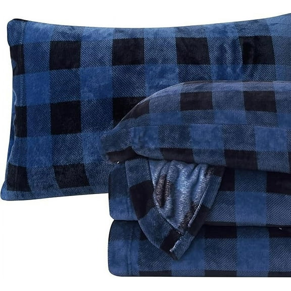 Elegant Comfort Soft 4-Piece Velvet Plush Flannel Sheet Set - Quality - Cozy Warm, Anti-Static, Non Pilling Fuzzy Velvet Flannel Fleece Deep Pocket Sheet Set - Queen, Buffalo Blue