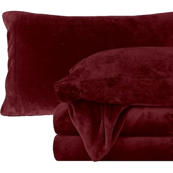 Elegant Comfort Soft 4-Piece Velvet Plush Flannel Sheet Set - Quality - Cozy Warm, Anti-Static, Non Pilling Fuzzy Velvet Flannel Fleece Deep Pocket Sheet Set - Full, Burgundy