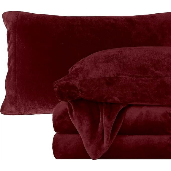Elegant Comfort Soft 4-Piece Velvet Plush Flannel Sheet Set - Quality - Cozy Warm, Anti-Static, Non Pilling Fuzzy Velvet Flannel Fleece Deep Pocket Sheet Set - Queen, Burgundy