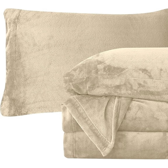 Elegant Comfort Soft 4-Piece Velvet Plush Flannel Sheet Set - Quality - Cozy Warm, Anti-Static, Non Pilling Fuzzy Velvet Flannel Fleece Deep Pocket Sheet Set - Queen, Cream