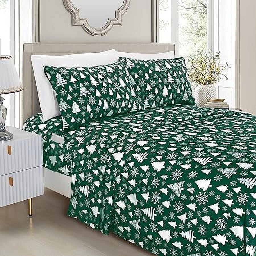 Elegant Comfort Soft 6-Piece Bed Sheets Set High-Quality Microfiber, Wrinkle & Fade Resistant, Holiday Pattern, Queen, Hunter Green Christmas Tree