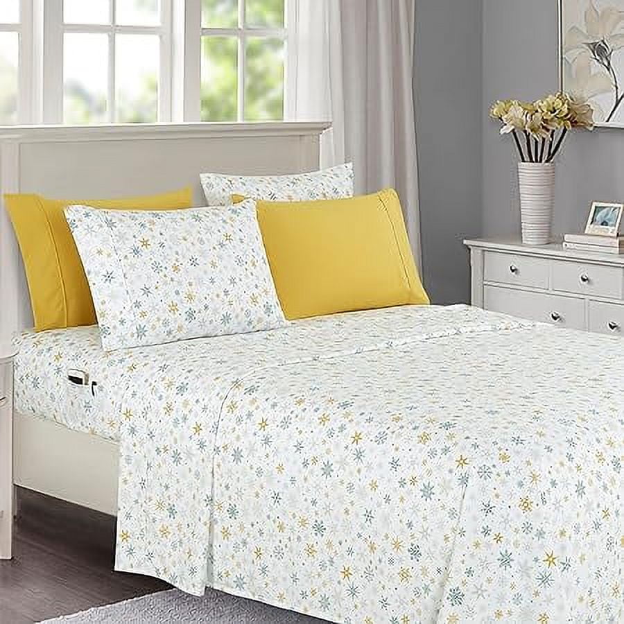 Elegant Comfort Soft 6-Piece Bed Sheets Set High-Quality Microfiber, Wrinkle & Fade Resistant, Holiday Pattern, Twin, Gold Snowflake