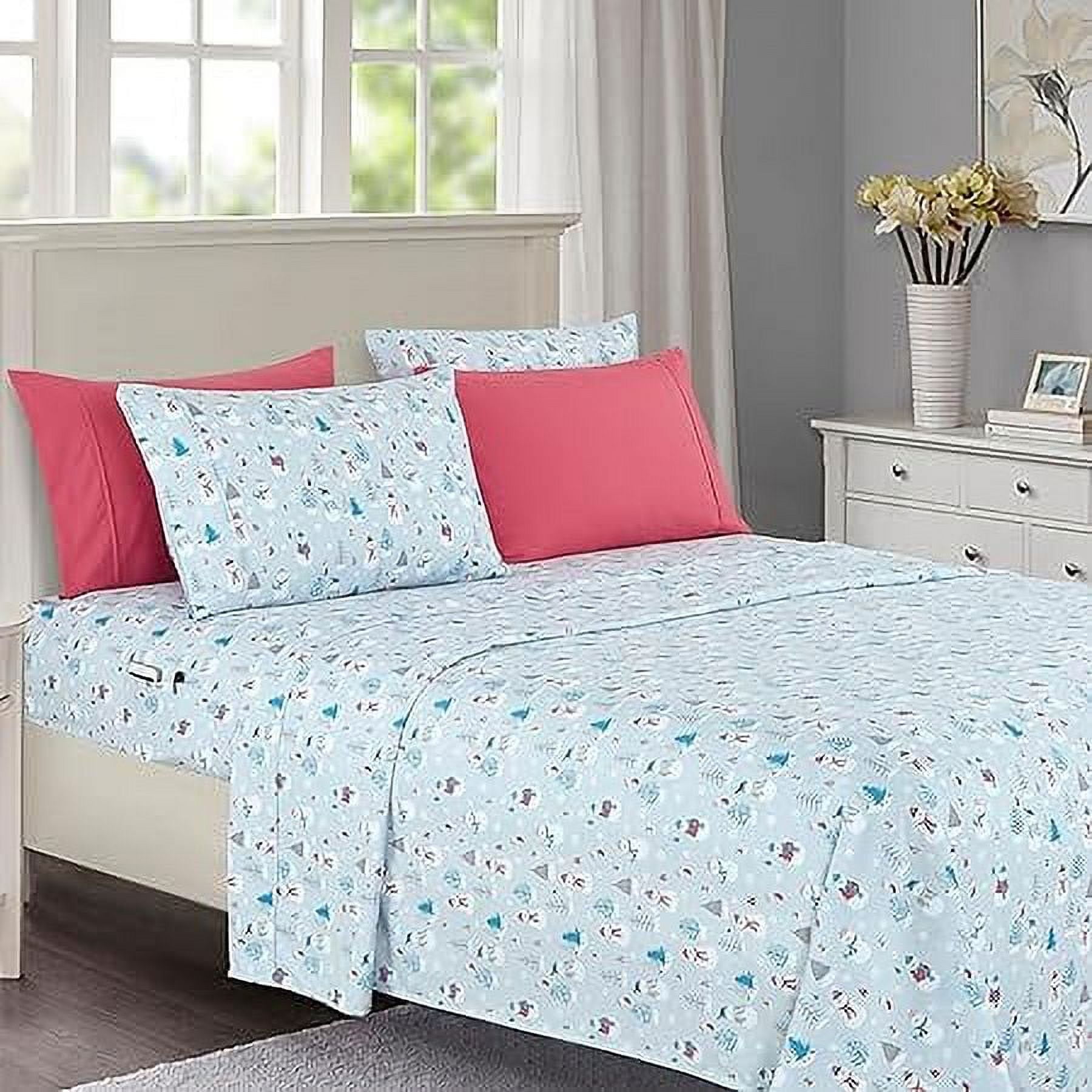 Elegant Comfort Soft 6-Piece Bed Sheets Set High-Quality Microfiber, Wrinkle & Fade Resistant, Holiday Pattern, Twin, Silver Snowman
