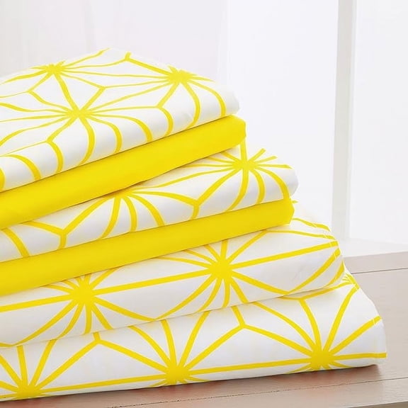 Elegant Comfort Soft 6-Piece Cube Geometric Pattern Sheet Set - 1500 Series Quality Microfiber - Wrinkle and Fade Resistant Bedding Set, All around Elastic Fitted Sheet, Full, Yellow