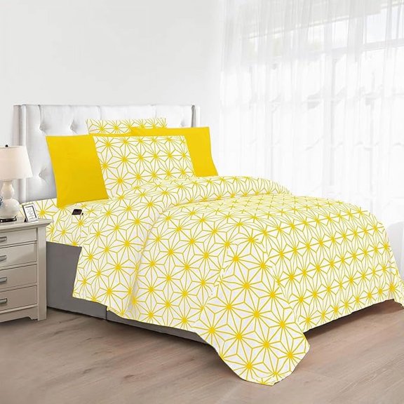 Elegant Comfort Soft 6-Piece Cube Geometric Pattern Sheet Set Wrinkle and Fade Resistant , All around Elastic Fitted Sheet, Full, Yellow