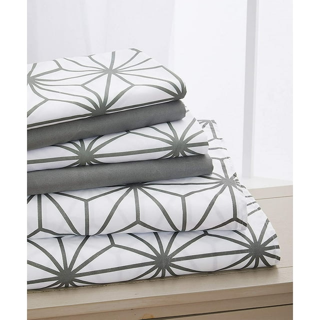 Elegant Comfort Soft Bed Sheets Cube Pattern 1500 Series Percale Softness (6-Piece) Bedding Set, Queen, Gray