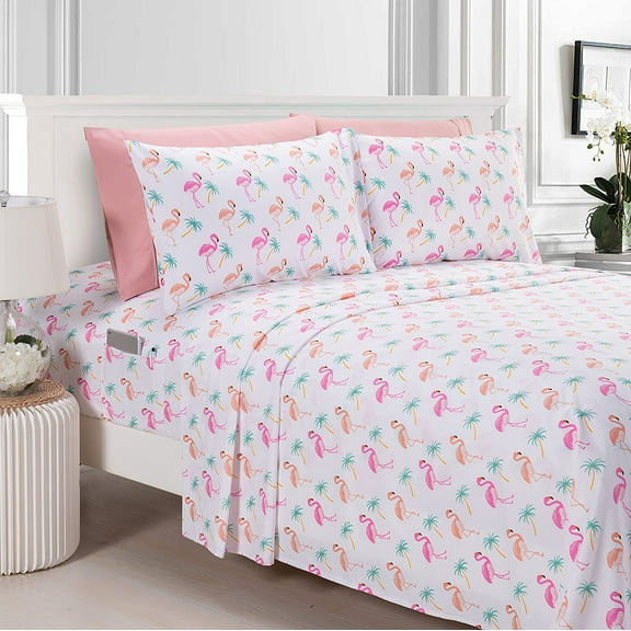 Elegant Comfort Soft Bed Sheets Flamingo Pattern 1500 Series Percale Softness (4-Piece) Bedding Set, Twin/Twin XL, Flamingo