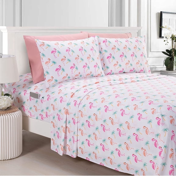 Elegant Comfort Soft Bed Sheets Flamingo Pattern 1500 Series Percale Softness (6-Piece) Bedding Set, King, Flamingo