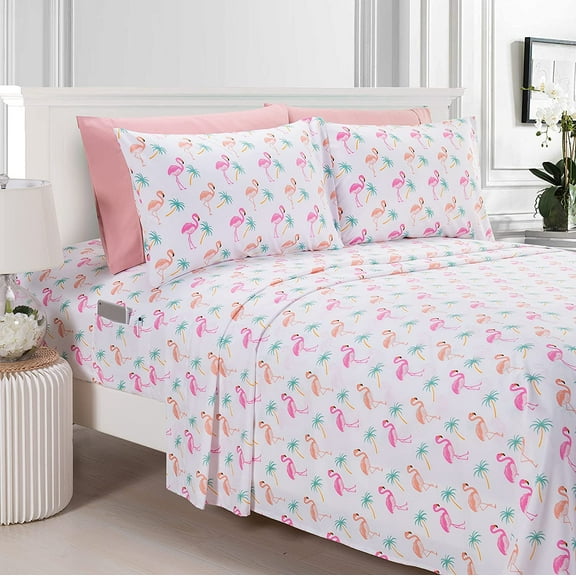 Elegant Comfort Soft Bed Sheets Flamingo Pattern 1500 Series Percale Softness (6-Piece) Bedding Set, Queen, Flamingo