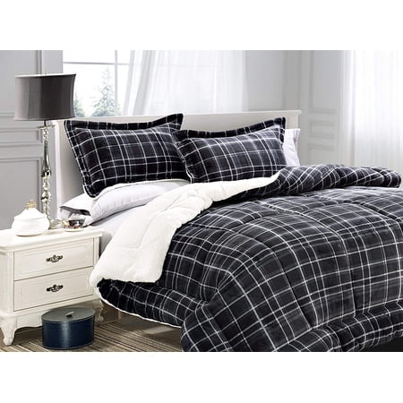 Elegant Comfort Soft & Plush Sherpa Comforter- Lilith Plaid Collection, 2-Piece Bed Set, High Quality, Reversible Down Alternative Micro-Suede, Plaid Sherpa Comforter, Twin, Midnight Gray