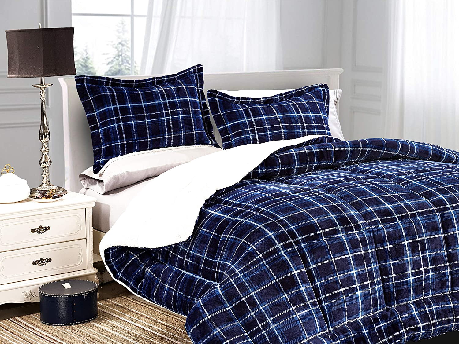 Elegant Comfort Soft & Plush Sherpa Comforter- Lilith Plaid Collection, 2-Piece Bed Set, High Quality, Reversible Down Alternative Micro-Suede, Plaid Sherpa Comforter, Twin, Ocean Navy
