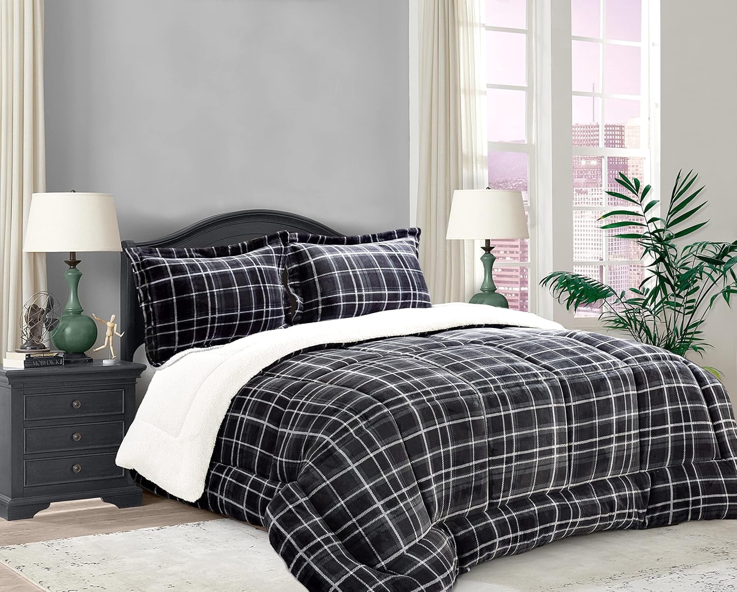 Elegant Comfort Soft & Plush Sherpa Comforter - Lilith Plaid Collection, 2-Piece Bed Set, Reversible Down Alternative Micro-Suede, Plaid Design, Twin XL, Midnight Gray