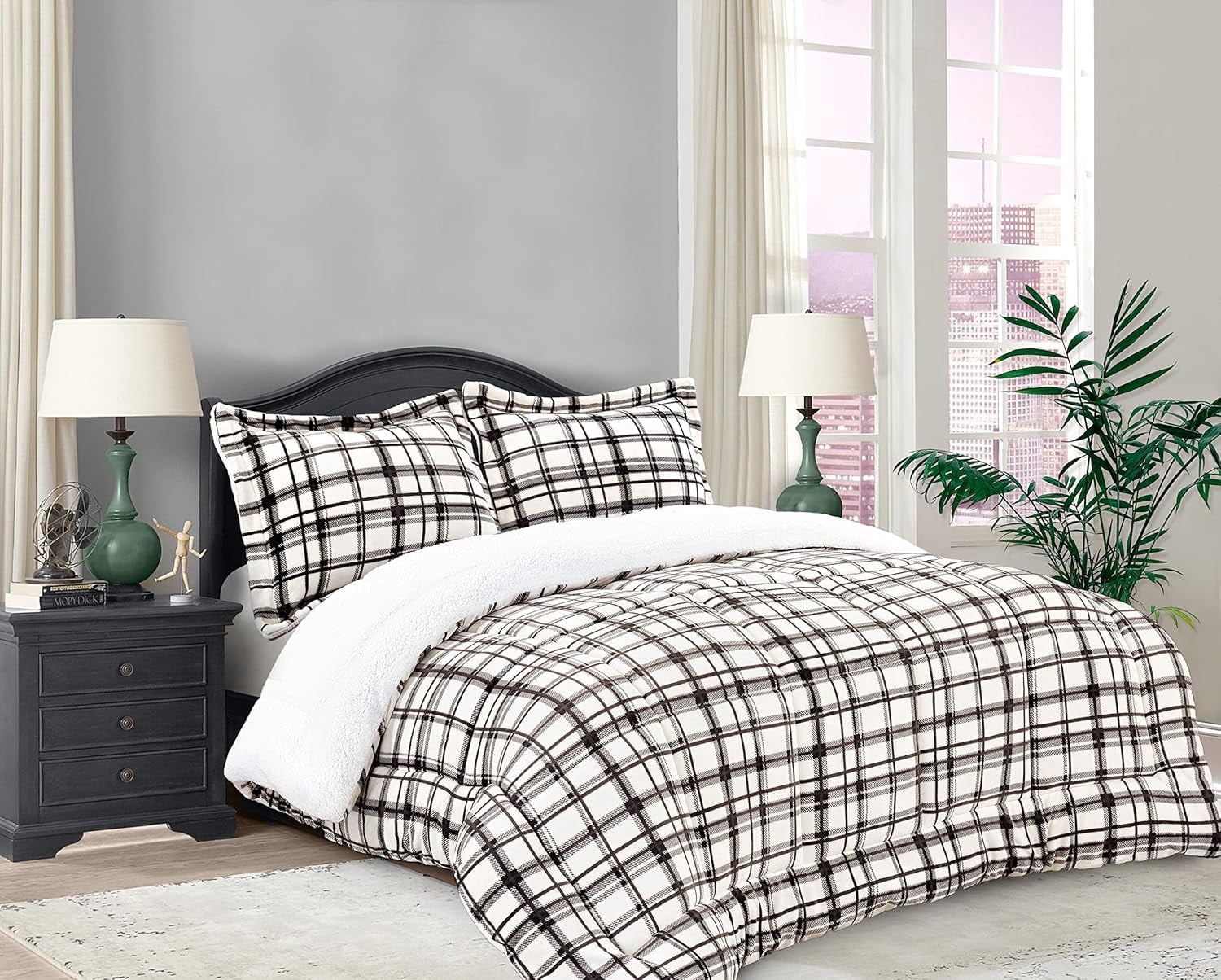 Elegant Comfort Soft & Plush Sherpa Comforter- Lilith Plaid Collection, 2-Piece Bed Set, Reversible Down Alternative Micro-Suede, Plaid Sherpa Comforter, Twin XL, Autumn Taupe